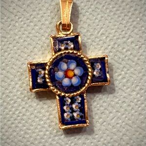 Elegant Italian Gold Cross Pendant Floral, Micro Mosaic w/ “Jubileum A.D. 2000”